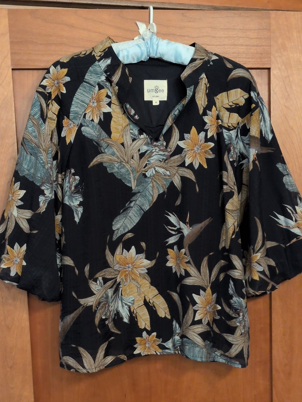 Umgee Black Floral Split-Neck Top with Gold & Teal Accents